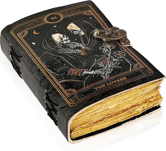 TUZECH Book of Spells Leather Bound Journal Deckle Edge Paper Grimoire Printed Diary Third Eye witchcraft supply and Witch Spell Notebook Antique Vintage Book for Men and Women (The Lovers)