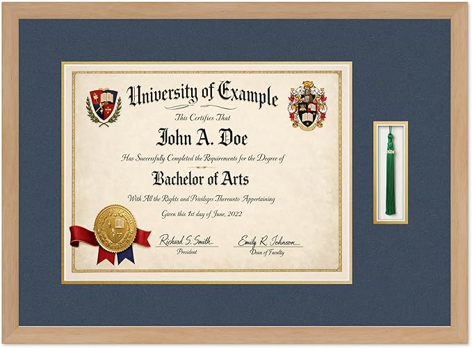 CountryArtHouse Diploma and Tassel Frame Fits 17 x 13 International Diploma with Tassel Hoo Natural Wood Genuine Hardwood Shadowbox with Navy Blue Over Metallic Gold Double mat