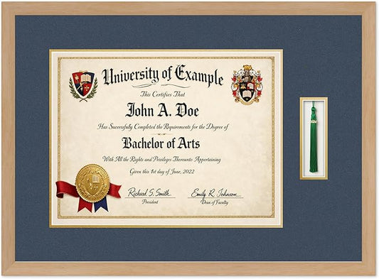CountryArtHouse Diploma and Tassel Frame Fits 17 x 13 International Diploma with Tassel Hoo Natural Wood Genuine Hardwood Shadowbox with Navy Blue Over Metallic Gold Double mat