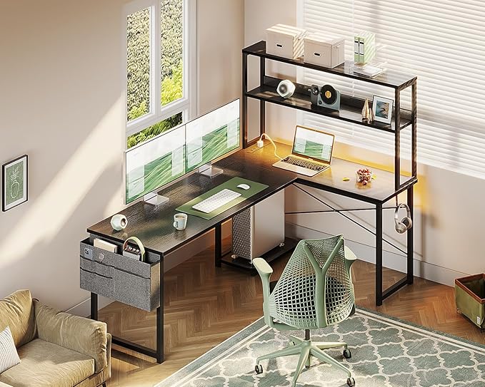 Casaottima 61 Inch Gaming Desk with Power Outlets & LED Lights, Reversible L Shaped Computer Desk with Shelves & Storage Bag, Corner Desk for Home Office, Black