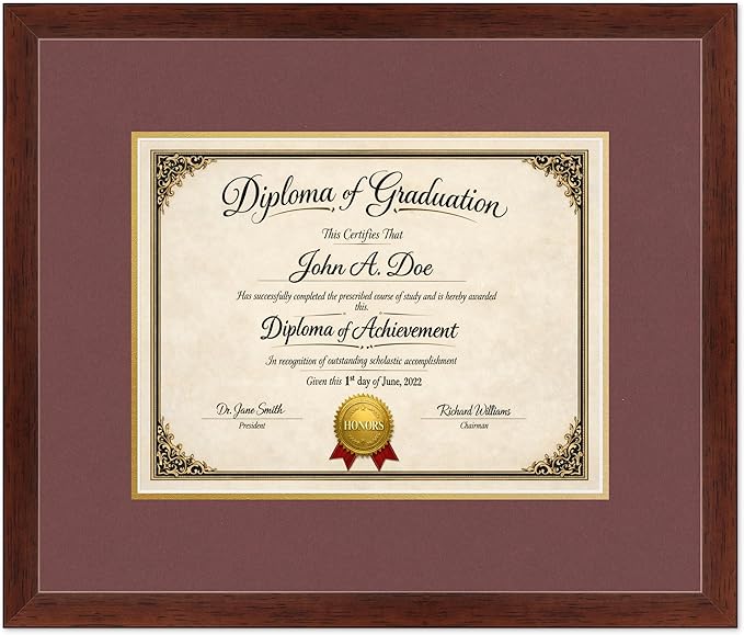 Diploma Frame Rustic Walnut with Dark Red Over Gold Double Mat - Fits 13 x 10 College Diploma (Traditional) Wall Display Made in the USA