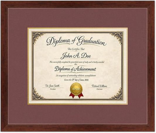 Diploma Frame Rustic Walnut with Dark Red Over Gold Double Mat - Fits 13 x 10 College Diploma (Traditional) Wall Display Made in the USA