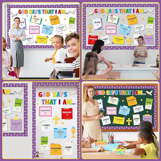 gisgfim Christian Bulletin Board Decorations God Says That I Am Religious Paper Cutouts Inspirational Quotes Classroom Wall Decor Bulletin Board Set for VBS Sunday School Church Bible Door Supplies