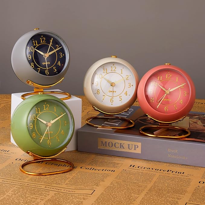 Metal Desk Alarm Clock, Retro Bedroom Table Vintage Analog Alarm Clock, Silent Non-Ticking Gold Clock, Bedside Décor(Sinor Gray)
