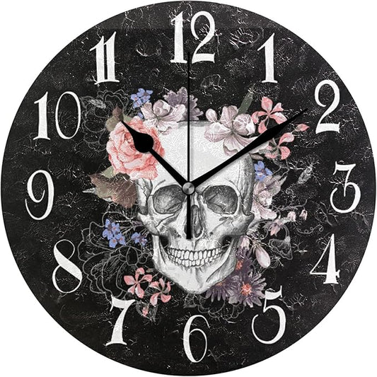 ALAZA Non-Ticking Silent Round Wall Clock, Sugar Skull Floral The Day of Dead Decor Clock for Home School Kitchen Bedroom Living Room