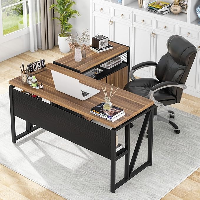 Tribesigns 55 inches Computer Desk with Bottom Storage Shelf Home Office Desk Writing Table for Workstation, Dark Walnut + Steel Leg, Cabinet not Included (Walnut, 55-inch -with Shelf)