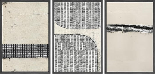 SIGNWIN Framed Canvas Print Wall Art Set Black Tan Grunge Grid Polygon Pattern Abstract Shapes Cozy Neutral Decorative Contemporary Minimal for Living Room, Bedroom, Office - 24"x36"x3 Black