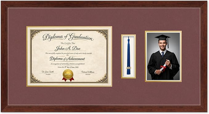 Diploma Tassel and Photo Frame Rustic Walnut Shadowbox Dark Red Over Gold Mat - Fits 11.69 x 8.27 Degree Picture Made in the USA