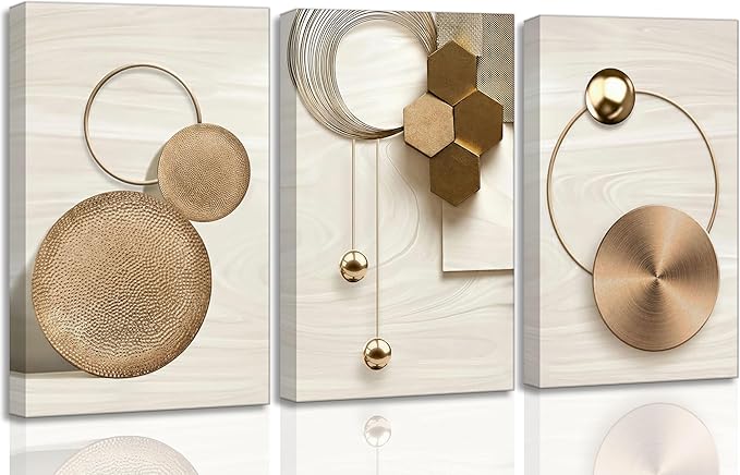 3 Pcs Abstract Gold Geometric Boho Canvas Wall Art Mid Century Modern Minimalist Aesthetic Luxury Metal Artwork Pictures Wall Decor Posters Prints for Living room Bedroom Office Home Decoration