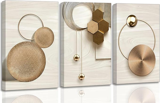 3 Pcs Abstract Gold Geometric Boho Canvas Wall Art Mid Century Modern Minimalist Aesthetic Luxury Metal Artwork Pictures Wall Decor Posters Prints for Living room Bedroom Office Home Decoration