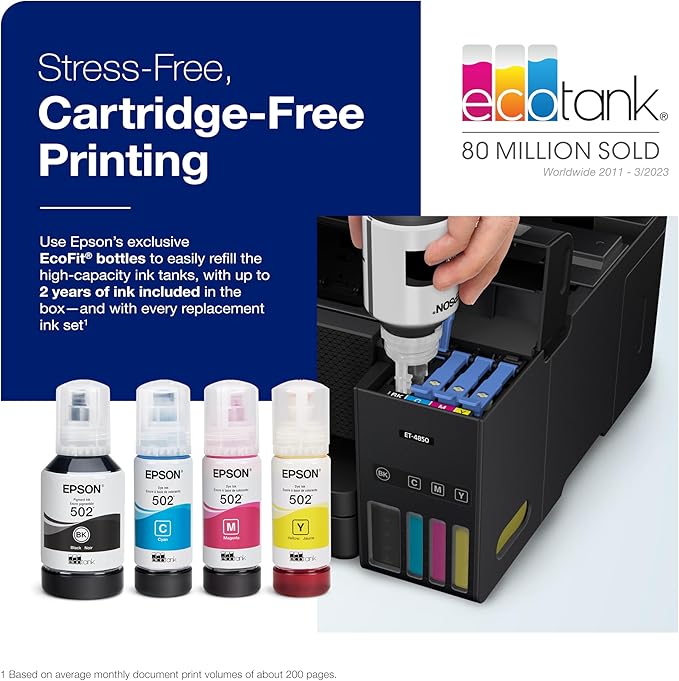 Epson EcoTank ET-4850 Wireless All-in-One Cartridge-Free Supertank with Scanner Copier, Fax, ADF and Ethernet, The Perfect Office Printer - Black (Renew) (Renewed)