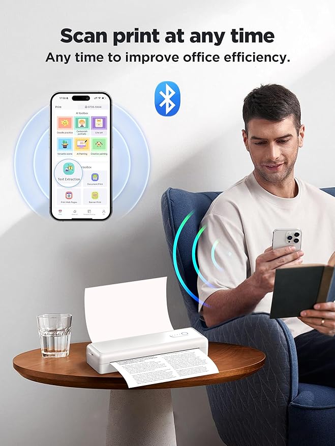 Portable Printers Wireless for Travel - A4 Thermal Printer Bluetooth Compatible with IOS Android Laptop - Support 8.5 X 11 US Letter A4 Paper 2” 3” 4” - Inkless Printers for Home Use Office Car
