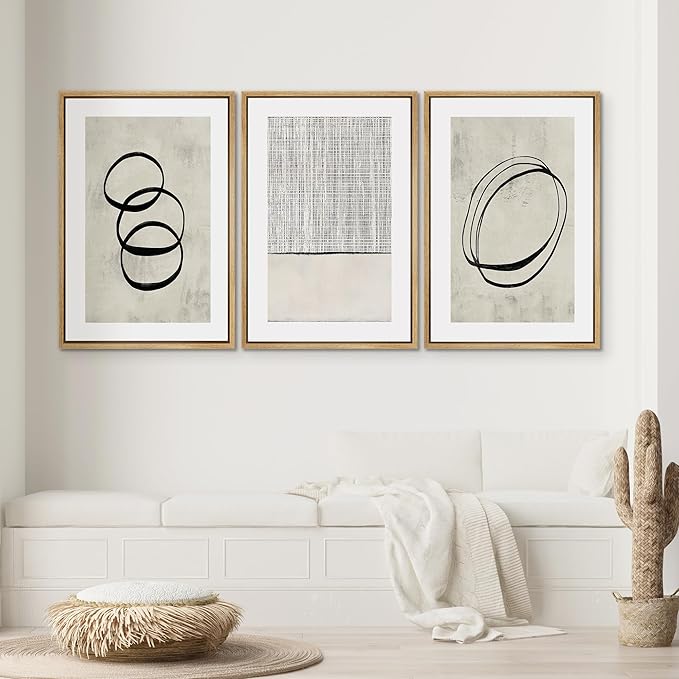 SIGNWIN Framed Canvas Print Wall Art Set Geometric Ring Grid Landscape Graffiti & Street Art Abstract Cozy Neutral Modern Art Decorative Nordic for Living Room, Bedroom, Office - 16"x24"x3 Natural