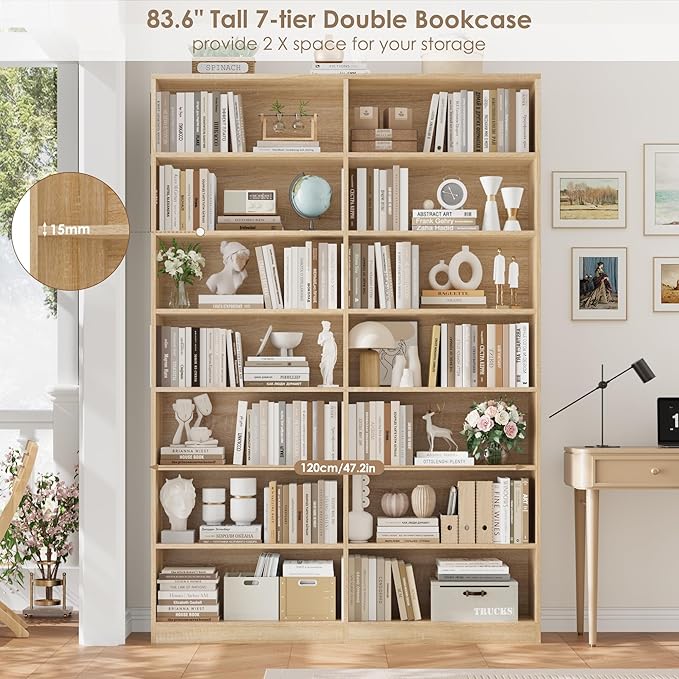 FACBOTALL 83.6" Tall Bookshelf and Bookcase, 7-Tier Extra Large Bookshelf with Double Storage, 14 Open Display Shelves for Home Office, Study and Living Room, Light Oak