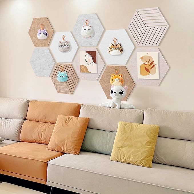 Fwpelt 12'' Large Hexagon Cork-Bulletin Board Tiles Adhesive 10 Pack Frameless Corkboard Hexagonal Prayer Vision Cork Board for Office Wall Decor, Hex Tack Pinboard with 30 Push Pins