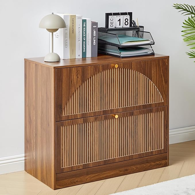 Fluted 2 Drawer Lateral File Cabinet, Office Wood File Cabinet & Printer Cabinet with Adjustable & Removable Hanging Rod for Letter/Legal/A4 (Walnut)