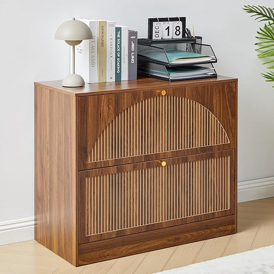 Fluted 2 Drawer Lateral File Cabinet, Office Wood File Cabinet & Printer Cabinet with Adjustable & Removable Hanging Rod for Letter/Legal/A4 (Walnut)