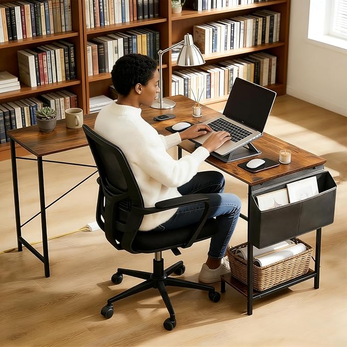 L-Shaped Corner Home Office Computer Desk, Gaming Desk with CPU Stand Shelf and Hanging Storage Pocket, Student Study Writing Table, Sturdy Metal Frame, 43.3" D x 50" W, Rustic Brown