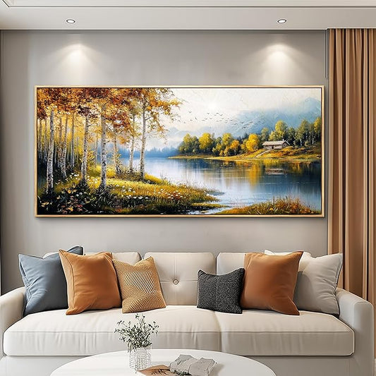ERQINHUA Large Canvas Forest Landscape Painting Wood Framed Wall Art Living Room Wall Decor For Bedroom Lakeside Watercolour Wall Pictures Artwork Picture Office Restaurant Home Decoration 32x72 In