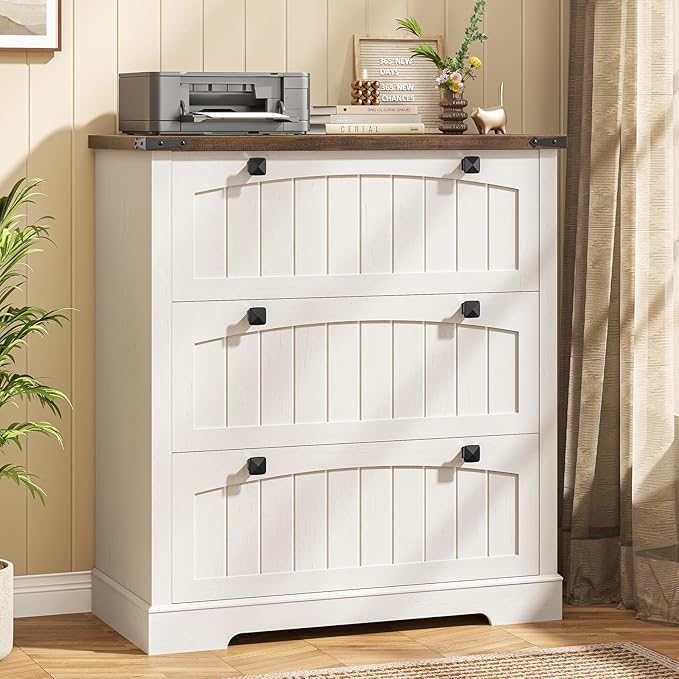 File Cabinet with 3 Drawers, Lateral File Cabinet for Letter/Legal/A4 Size Hanging Files, Large Wood File Storage Cabinets Printer Stand for Home Office, Rustic White