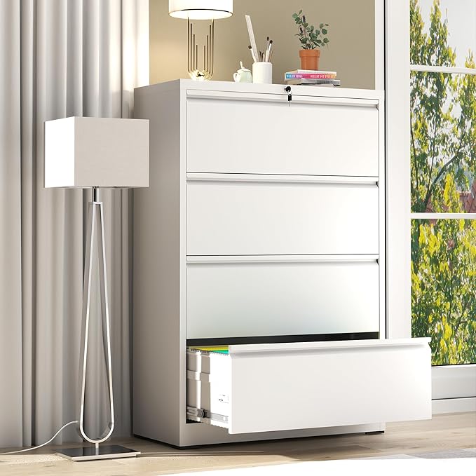 File Cabinet with Lock, 4 Drawer Lateral Filing Cabinet for Home Office, Metal Heavy Duty File Cabinets for Hanging Letter/Legal/F4/A4 Size Files, Assembly Required (White)