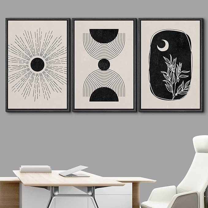 IDEA4WALL Framed Canvas Print Wall Art Set Geometric Shining Sun Crescent Moon Tree Polygons Abstract Shapes Illustrations Modern Art Nordic for Living Room, Bedroom, Office - 16"x24"x3 Black