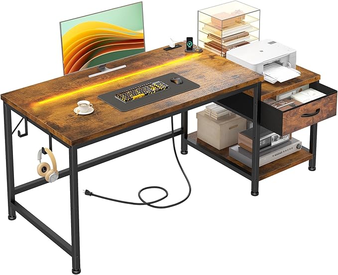 48.1 Inch Computer Desk,Reversible Office Desk with LED Lights & Power Outlets,Writing Desk with Wide Tabletop for Study,Writing,Small Desk with Drawers & Printer Shelf for Storage,Craft,Rustic Brown