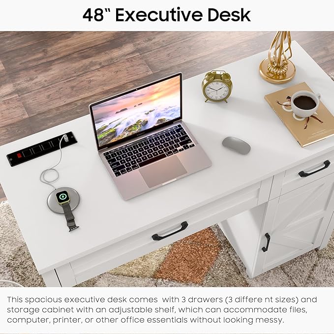 Farmhouse 47" Executive Desk, Computer Desk with Drawers and Storage Cabinet, Workstation Computer Desk for Home Office, Study.Cream White
