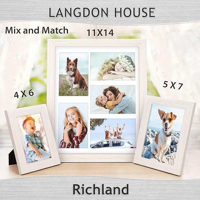 Langdon House 11x14 Almond White Collage Picture Frame w/Mat for 5-4x6 Photos, Woodgrain Style, Wall Mount Only, Richland Collection