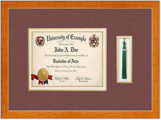 Diploma and Tassel Frame Fits 10 x 8 Professional License with Tassel Hook Honey Oak Genuine Hardwood Shadowbox with Dark Red Over Metallic Gold Double mat