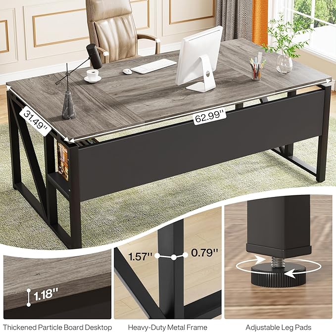 Tribesigns 63 inches Computer Desk with Bottom Storage Shelf Home Office Desk Writing Table for Workstation,Dark Walnut + Steel Leg， Cabinet not Included (Grey, 63-inch-with Shelf)