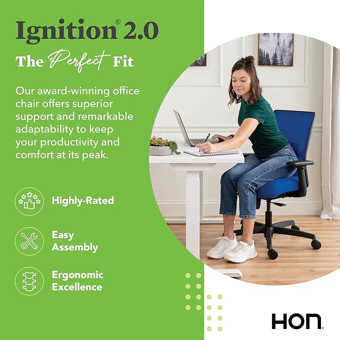 HON Ignition 2.0 Low Back Task Chair, Spectrum Mesh, Standard Synchro-Tilt Control, Office Chair with Lumbar Support, Height and Width Adjustable Arms, Black Frame, Cobalt