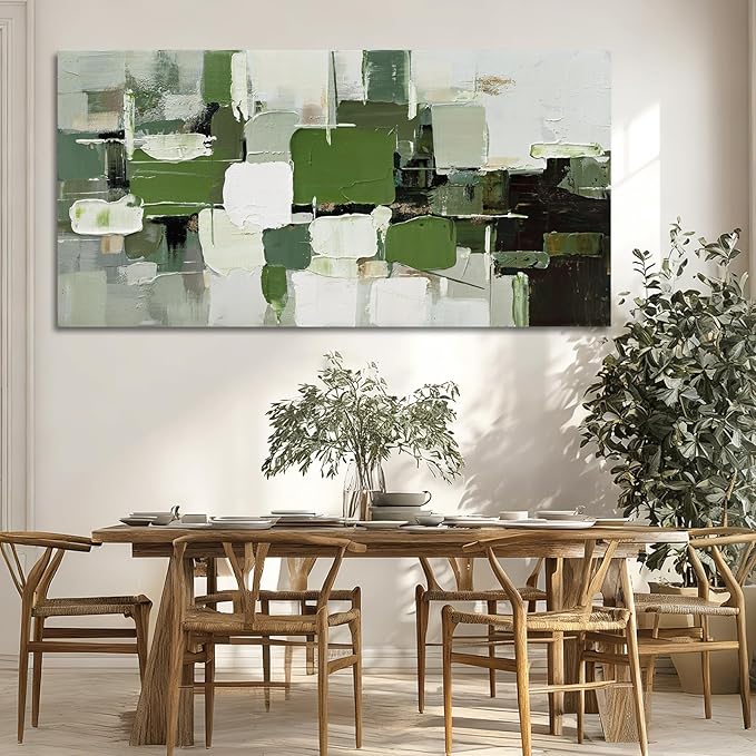 ZUNARE Contemporary Abstract Canvas Wall Art Geometric Block Print in Green White Black and Gray, Minimal Modern Artwork for Living Room Bedroom Office Kitchen 29"x58"