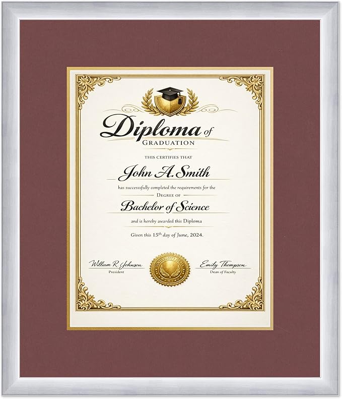 CountryArtHouse Diploma Frame Fits 11 x 14 College Diploma (Portrait) - Keepsake Graduation Display Stainless Silver Genuine Hardwood with Dark Red Over Metallic Gold Double mat