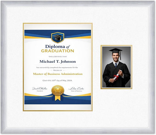Diploma Frame With Photo Opening Stainless Silver Oyster Shell Over Gold Mat - Fits 11 x 14 Degree and Picture Made in the USA
