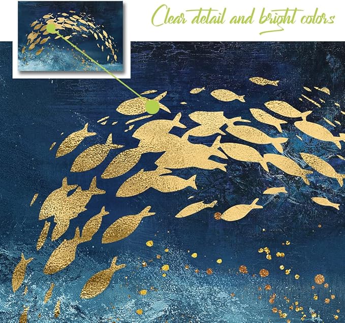 Wall Art Canvas Abstract Ocean Art Paintings Golden Fish Dancing in Blue Sea Modern Artwork Decor for Living Room Bedroom Kitchen 24x16in