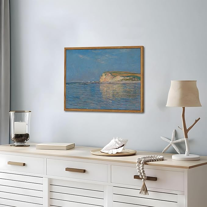 Framed Monet Coastal Wall Art Decor – Impressionist Beach Oil Painting Canvas Prints – Vintage Beachy Landscape Classic Aesthetic Wall Decor for Living Room Bedroom Bathroom – 12"x16"