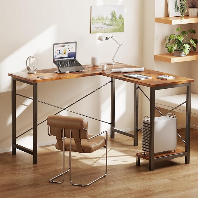 DUMOS L Shaped Desk, Computer Gaming Desks Corner Office Table with CPU Shelf for Home Study Writing Work Station 50 Inch, Rustic Brwon