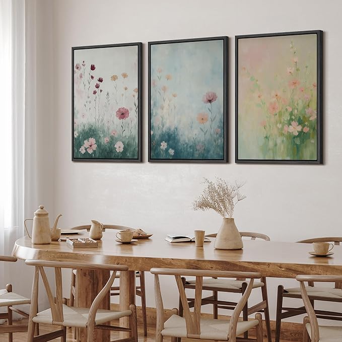 SIGNFORD Framed Wall Art Print Set Pastel Wildflower Meadow Soft Botanical Digital Art Modern Art Contemporary for Living Room, Bedroom, Office - 24"x36"x3 BLACK
