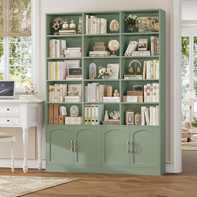 FACBOTALL 82.3" Triple Wide Bookshelf, 7-Tier Tall Bookcase with 15-Cube Open Bookshelf & 4 Doors, Large Bookshelf with Storage Cabinet, Modern Bookshelf for Living Room, Office, Study Room, Green