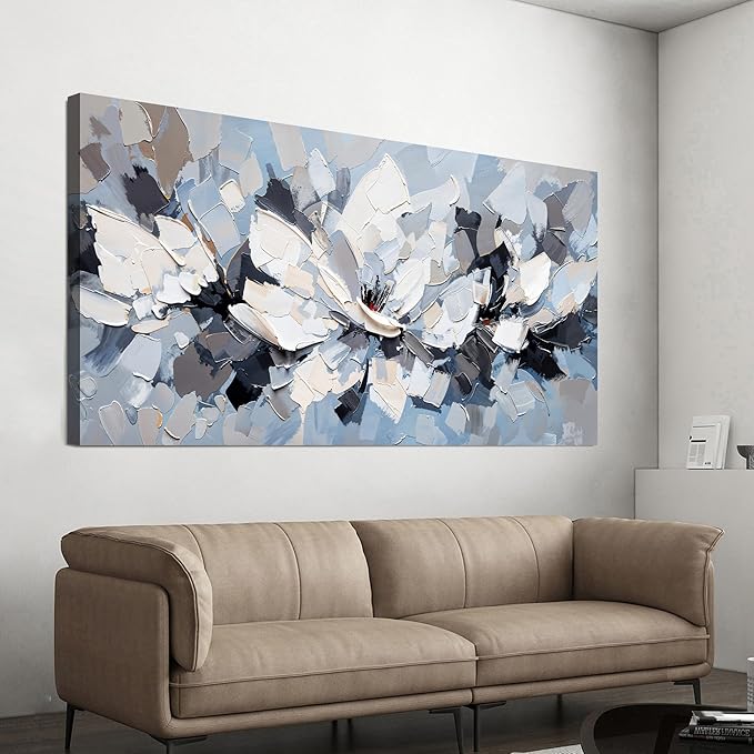 Abstract Canvas Wall Art Decor Large White Wall Art for Living Room Abstract Canvas Art Wall Decor Flower Pictures Oversized Blue Wall Art Prints Artwork for Walls Bedroom Office Decor 29" X58"