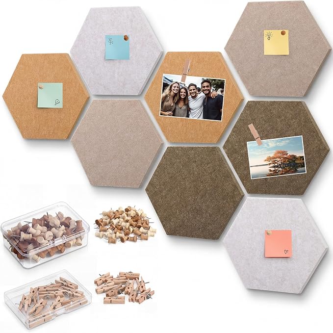 8 Pcs 12" Large Hexagon Felt Cork Bulletin Board Tiles Self Adhesive DIY Pin Board with 50 Push Pins and 10 Colored Clips, Wall Decor for Office Home Kitchen Photos Memos(Burlywood)