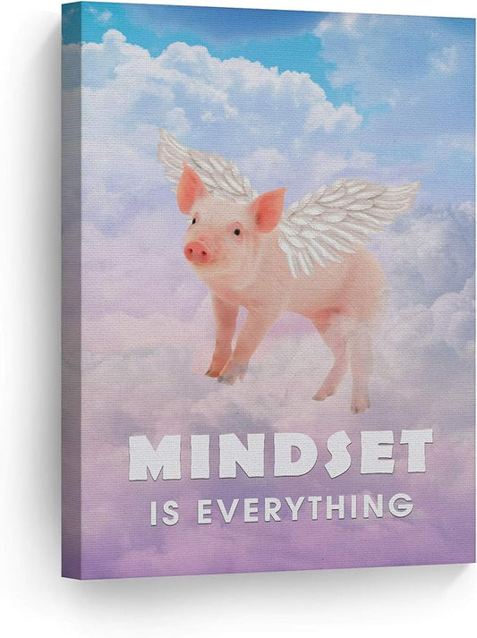 Smile Art Design Mindset is Everything Cute Pig with Wings Flying in Sky Motivational Canvas Wall Art Inspirational Wall Art Entrepreneur Quote Print Office Living Room Decor Gift Ready to Hang 22x15