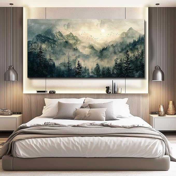 FUHAIHUA Large Framed Wall Decor For Living Room Canvas Wall Art For Office Farmhouse Wall Decorations For Bedroom Forest Fog Landscape Paintings Modern Pictures Artwork Room Home Decor 24x48 In