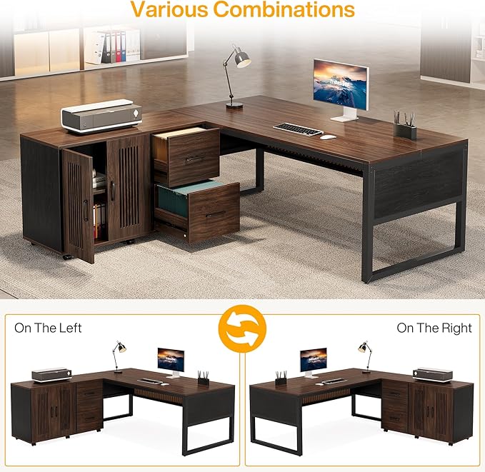 Tribesigns 63-Inch Executive Desk, Large Office Desk with Mobile File Cabinet, Modern L-Shaped Computer Desk Business Furniture with Door Storage Cabinet for Home Office, Dark Walnut & Black