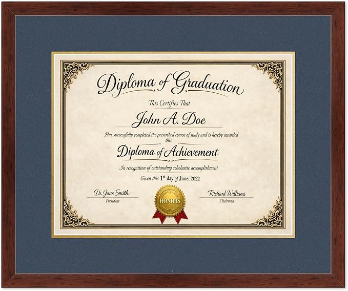 Diploma Frame Rustic Walnut with Navy Blue Over Gold Double Mat - Fits 17 x 13 International Diploma Wall Display Made in the USA