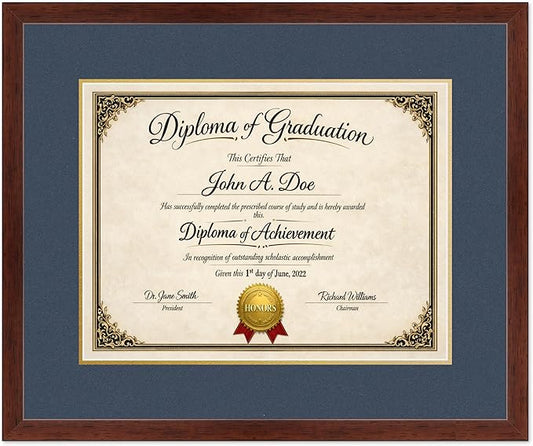 Diploma Frame Rustic Walnut with Navy Blue Over Gold Double Mat - Fits 17 x 13 International Diploma Wall Display Made in the USA