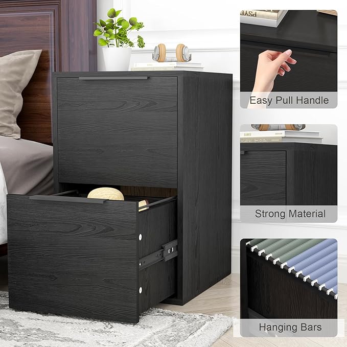 Two Drawer File Cabinet, Black Wood Filing Cabinets for Letter Size/Hanging Files, Small Under Desk File Cabinets for Home Office, Assembly Required