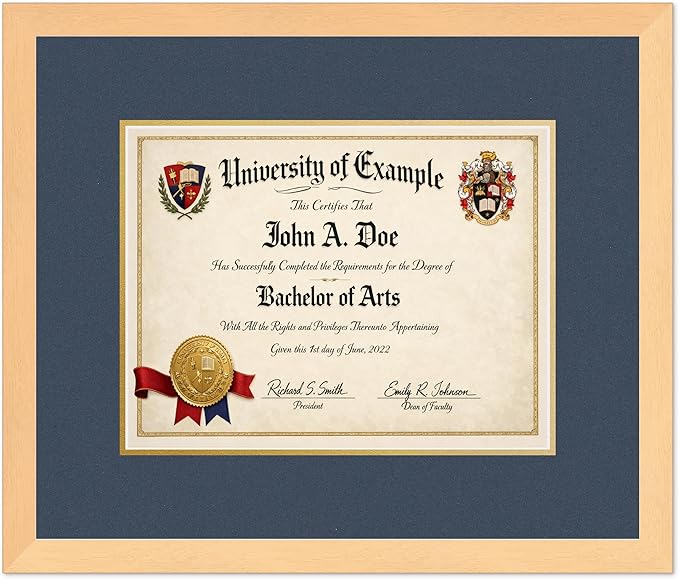 CountryArtHouse Diploma Frame Fits 13 x 10 College Diploma (Traditional) - Keepsake Graduation Display Natural Wood Genuine Hardwood with Navy Blue Over Metallic Gold Double mat