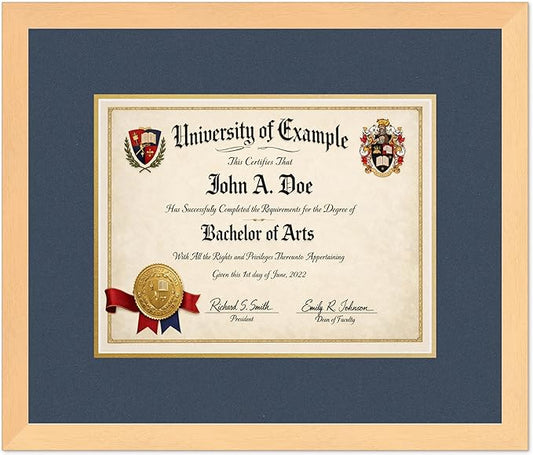 CountryArtHouse Diploma Frame Fits 13 x 10 College Diploma (Traditional) - Keepsake Graduation Display Natural Wood Genuine Hardwood with Navy Blue Over Metallic Gold Double mat
